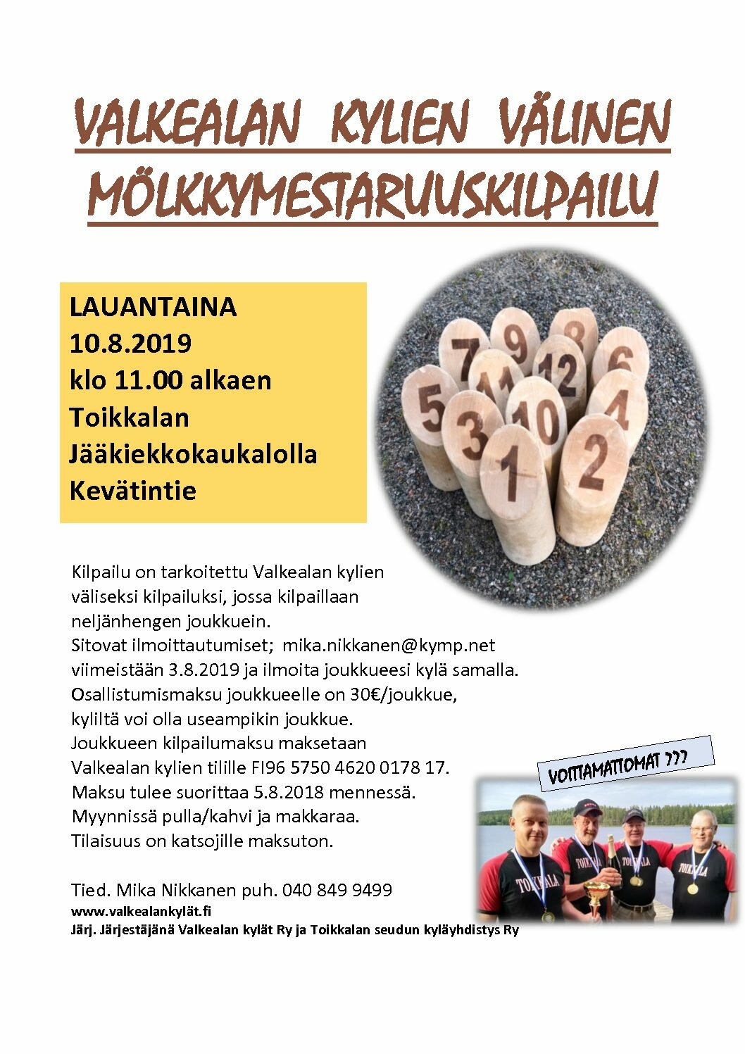 Valkealan kylien välinen Mölkky-mestaruuskilpailu 10.8.2019 klo 11 Toikkalan jääkiekkokaukalolla